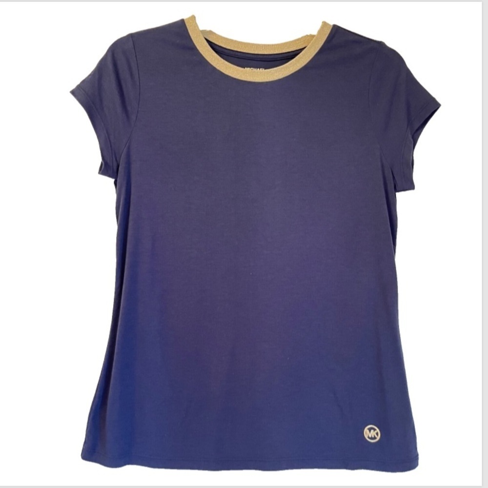 Michael Kors Navy Cotton T-Shirt Gold Trim Crew Neck Logo Top Sz Sm